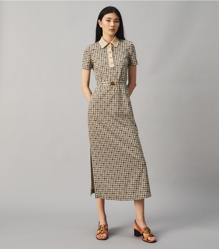 Tory Burch designer dresses Printed Knit Poplin Polo Dress in Classic Caramel Basketweave on model front