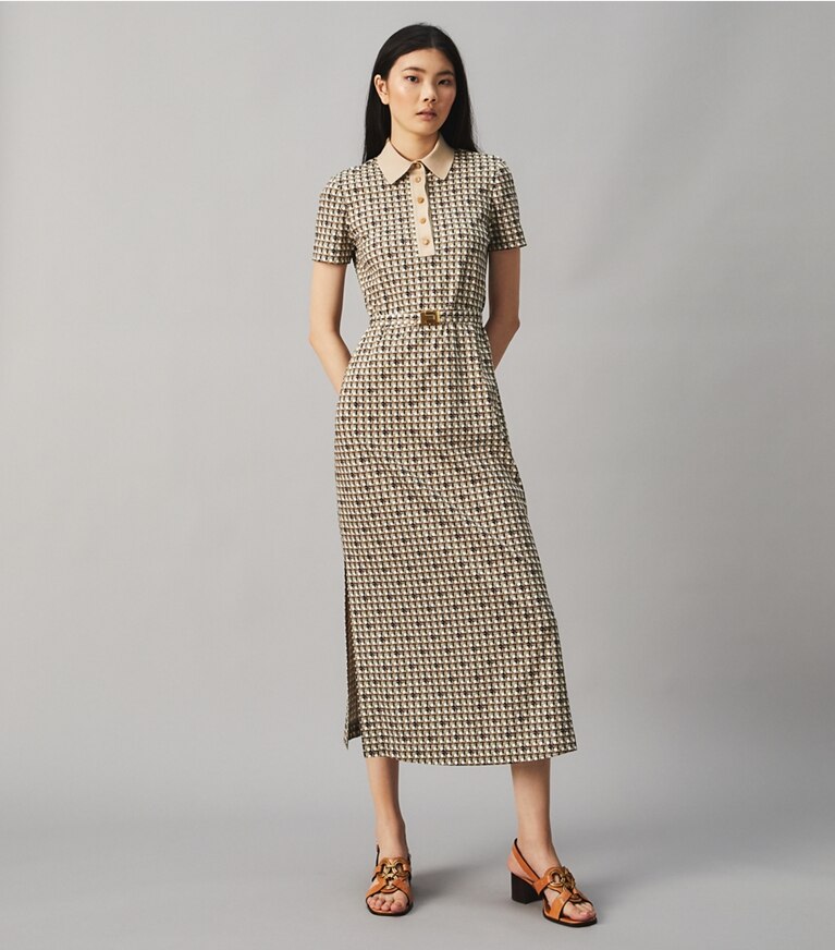 Tory Burch designer dresses Printed Knit Poplin Polo Dress in Classic Caramel Basketweave front