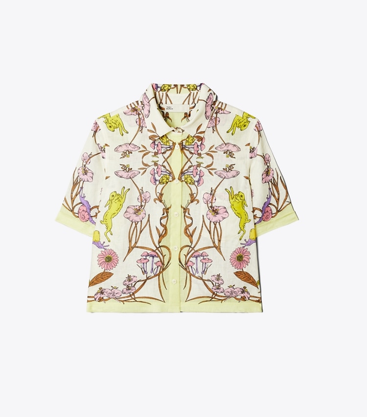 Tory Burch designer coverups Printed Linen Camp Shirt in Chartreuse Field Convo front