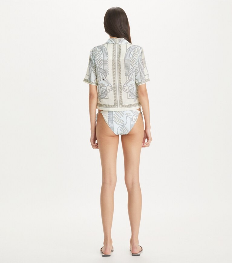 Tory Burch designer coverups Printed Linen Camp Shirt in Blue Zebra Scarf on model back