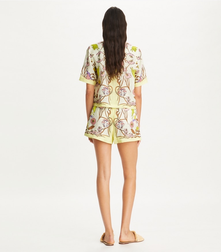 Tory Burch designer coverups Printed Linen Camp Shirt in Chartreuse Field Convo front