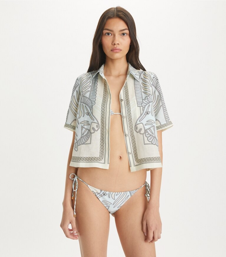 Tory Burch designer coverups Printed Linen Camp Shirt in Blue Zebra Scarf on model detail