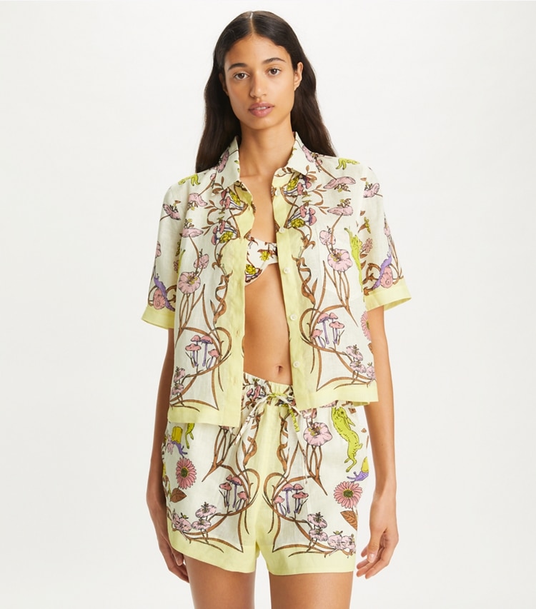Tory Burch designer coverups Printed Linen Camp Shirt in Chartreuse Field Convo on model detail