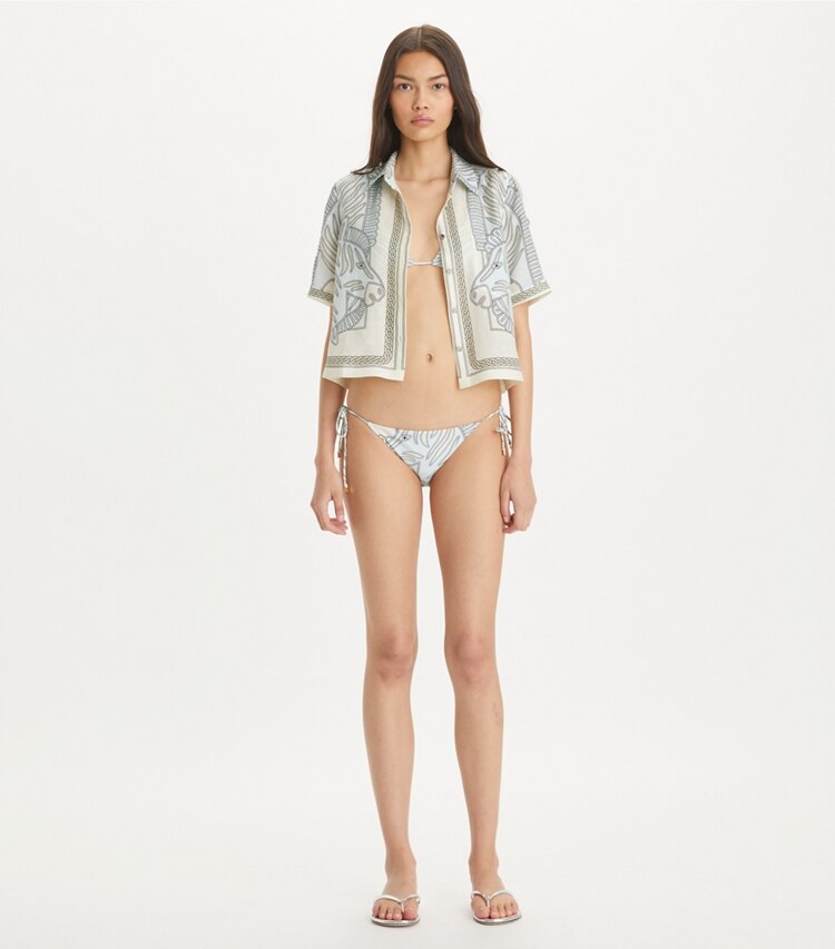Tory Burch designer coverups Printed Linen Camp Shirt in Blue Zebra Scarf on model front
