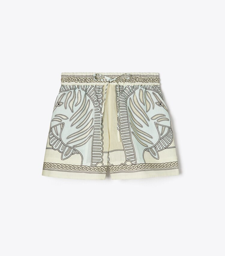Tory Burch designer カバーアップ プリント リネン キャンプショーツ in Blue Zebra Scarf front