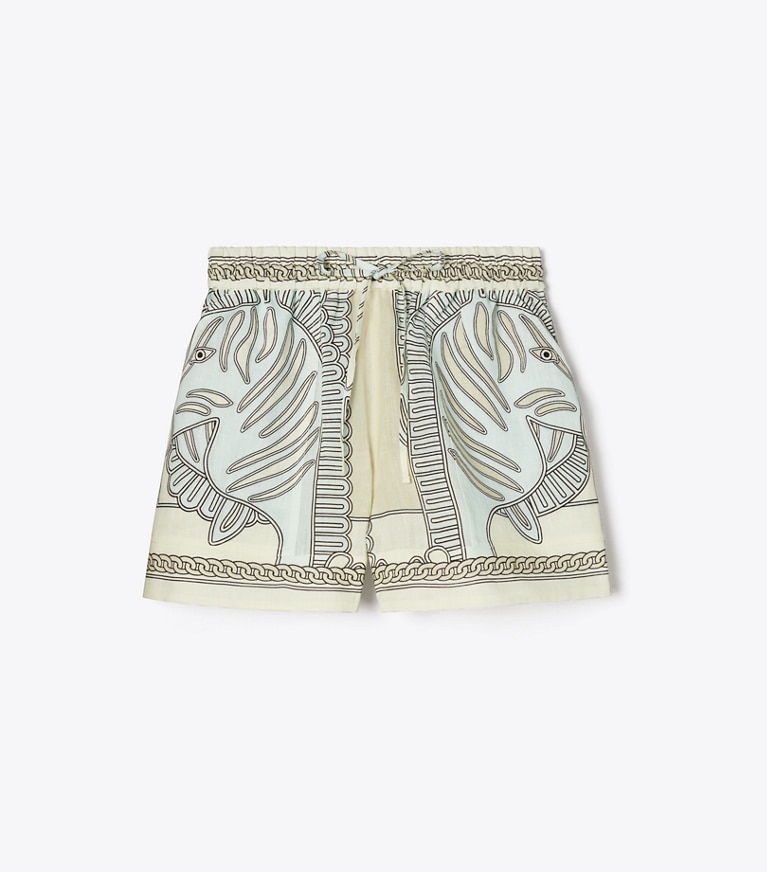 Tory Burch designer カバーアップ プリント リネン キャンプショーツ in Blue Zebra Scarf front