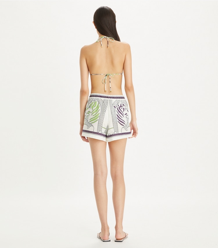 Tory Burch designer coverups Printed Linen Camp Short in Ivory Zebra Scarf on model back