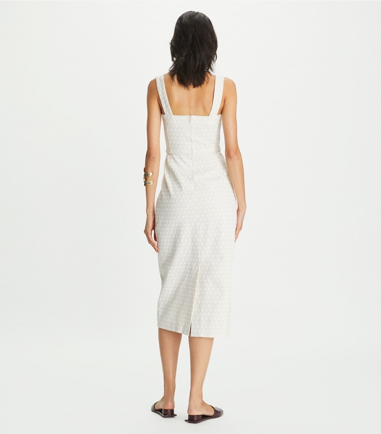 Tory Burch designer dresses Printed Linen Dress in White Polka Dot on model back
