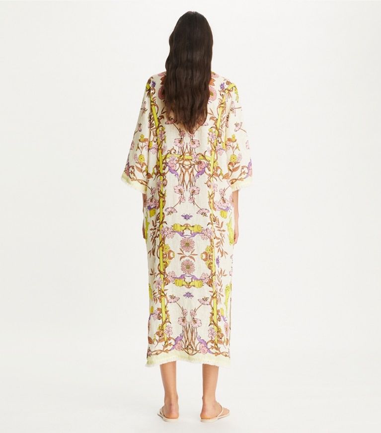 Tory Burch designer coverups Printed Linen Gauze Caftan in Chartreuse Field Convo front