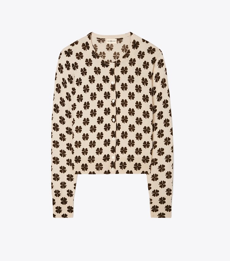 Tory Sport designer sweaters Printed Merino Cardigan in Natural Heather  Clover front