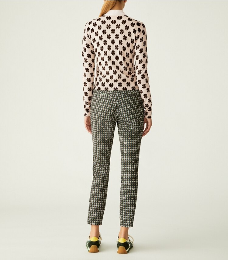 Tory Sport designer sweaters Printed Merino Cardigan in Natural Heather  Clover on model back