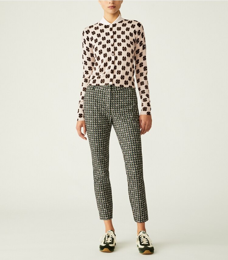 Tory Sport designer sweaters Printed Merino Cardigan in Natural Heather  Clover on model front