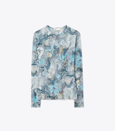 Tory Burch designer tops Printed Mesh Crewneck in Blue Abstract Floral front