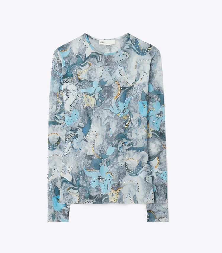 Tory Burch designer tops Printed Mesh Crewneck in Blue Abstract Floral front
