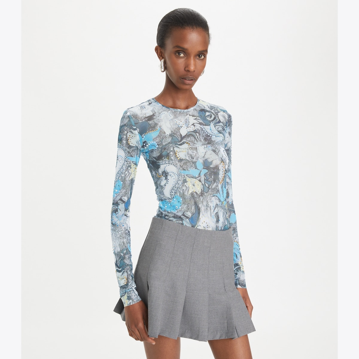 Printed Mesh Crewneck: Women's Designer Tops | Tory Burch