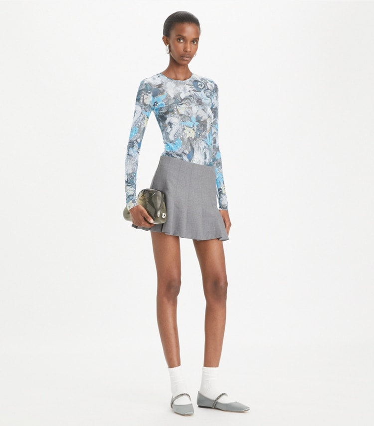 Tory Burch designer tops Printed Mesh Crewneck in Blue Abstract Floral on model front