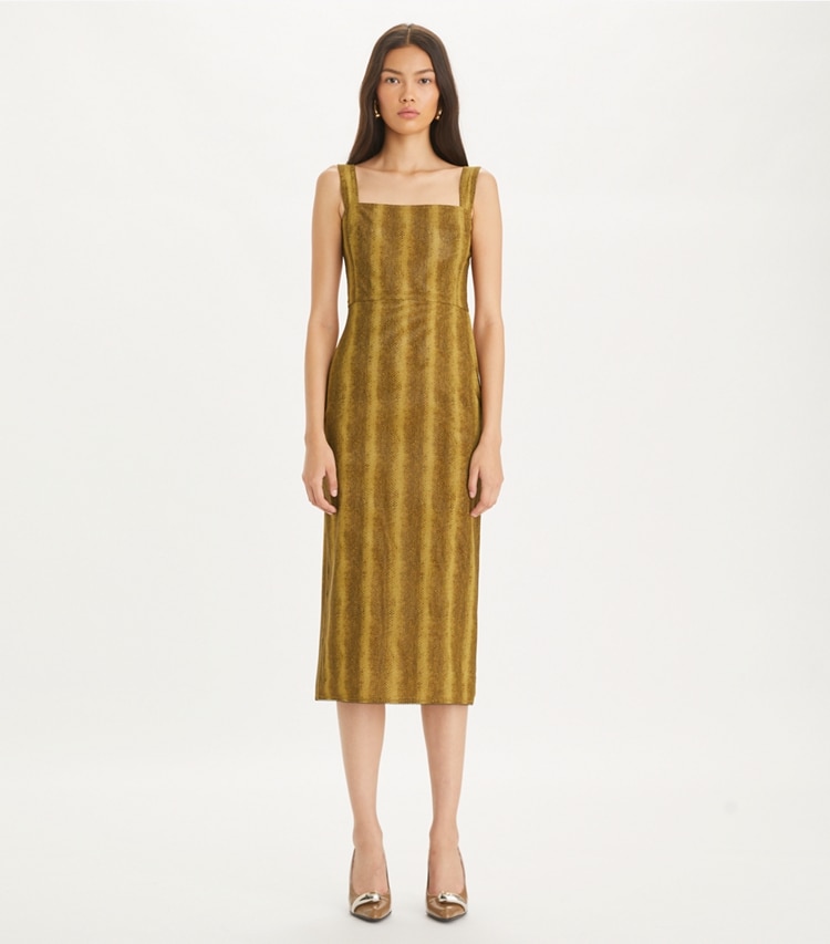 Tory Burch designer dresses Printed Mesh Dress in Brown Snake-Print on model front