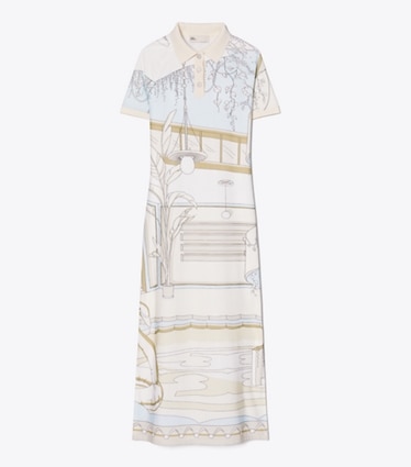 Tory Burch designer dresses Printed Mesh Polo Dress in Neutral Pool front
