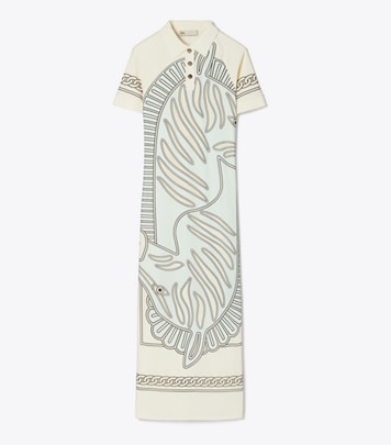 Tory Sport designer dresses Printed Mesh Polo Dress in Blue Zebra Scarf front