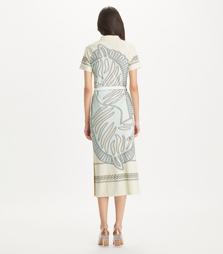 Tory Sport designer ドレス プリント メッシュ ポロドレス in Blue Zebra Scarf on model back