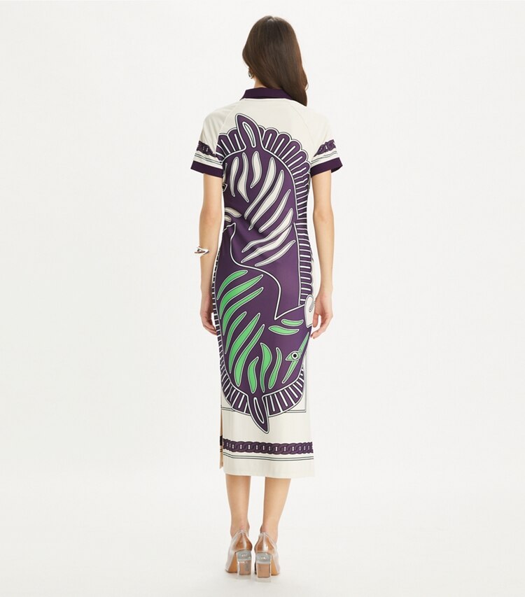 Tory Sport designer dresses Printed Mesh Polo Dress in Purple Zebra Scarf on model back