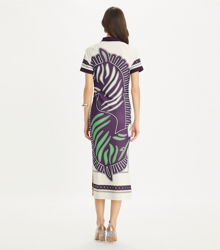 Tory Sport designer dresses Printed Mesh Polo Dress in Purple Zebra Scarf front