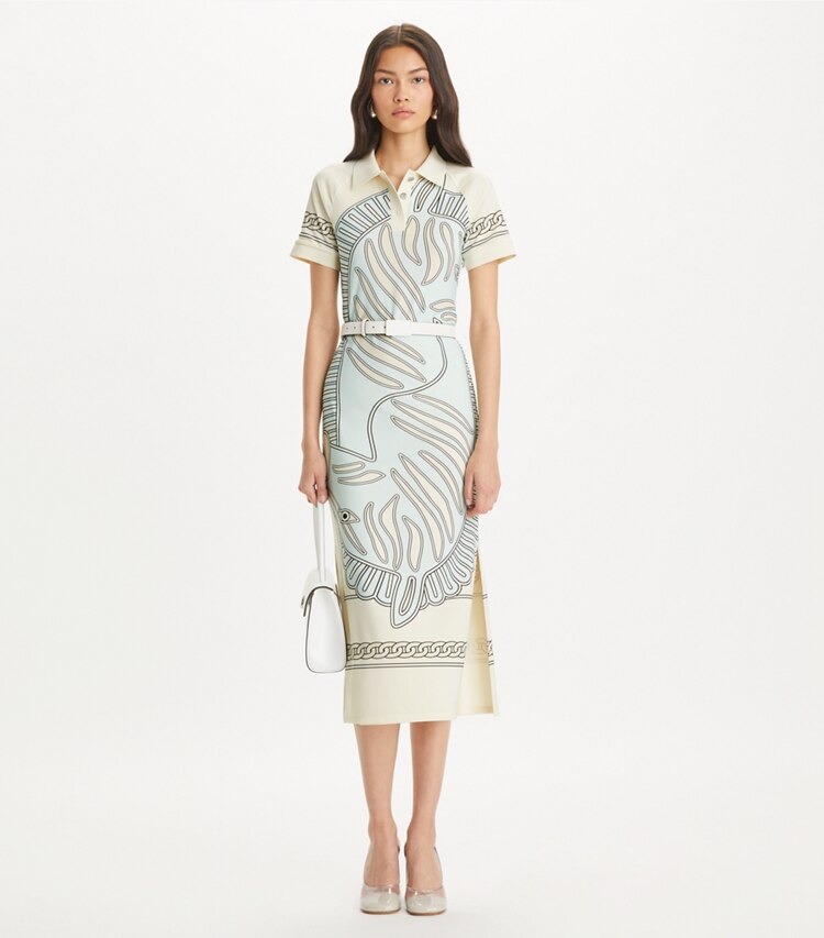 Tory Sport designer ドレス プリント メッシュ ポロドレス in Blue Zebra Scarf モデル前面