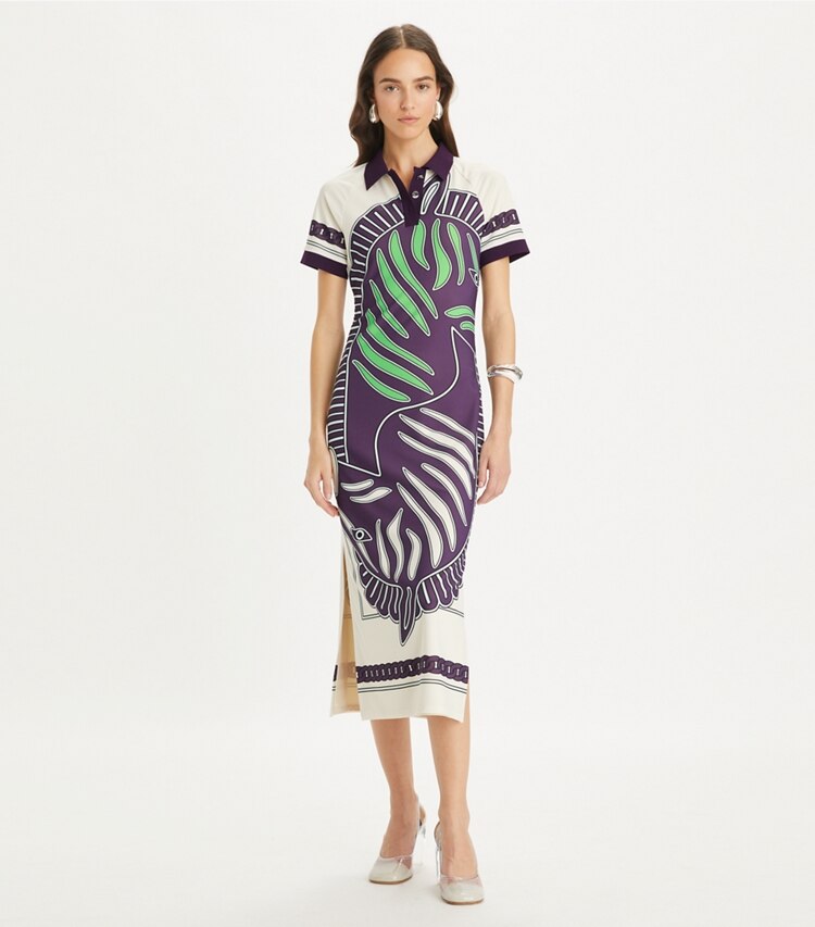 Tory Sport designer dresses Printed Mesh Polo Dress in Purple Zebra Scarf on model front