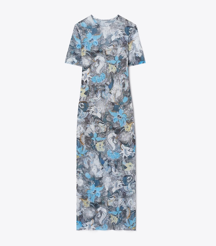 Tory Burch designer dresses Printed Mesh T-Shirt Dress in Blue Abstract Floral front