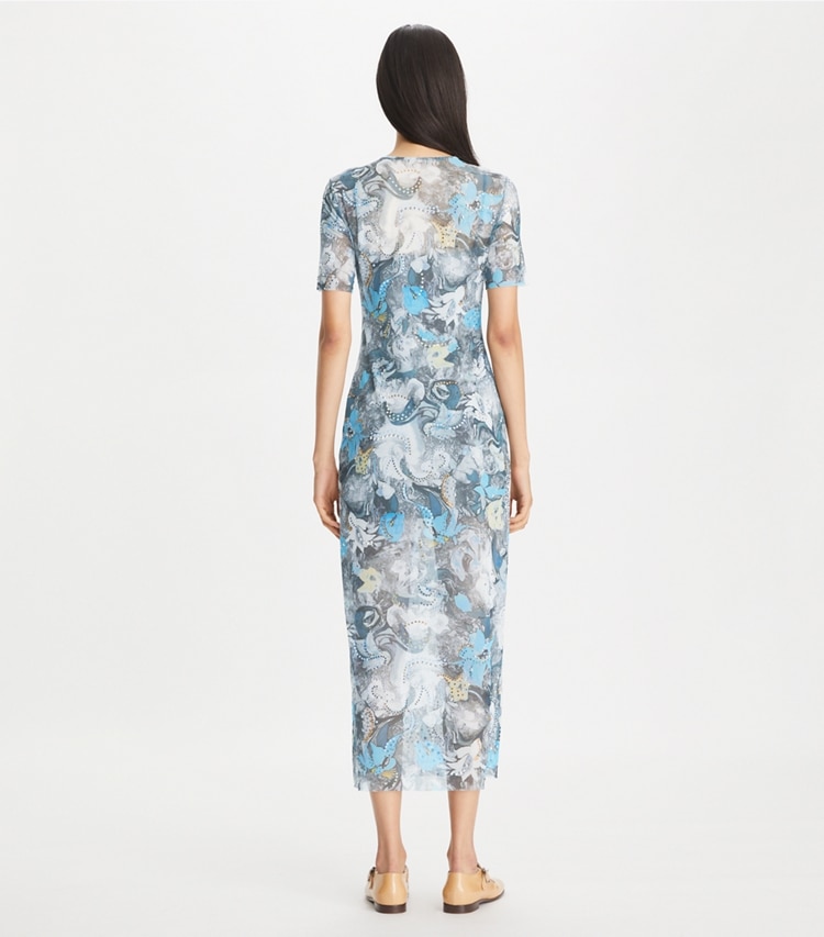 Tory Burch designer dresses Printed Mesh T-Shirt Dress in Blue Abstract Floral on model back