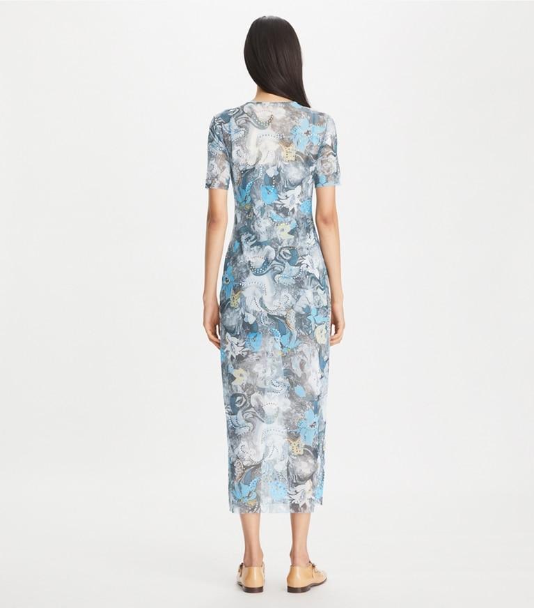 Tory Burch designer dresses Printed Mesh T-Shirt Dress in Blue Abstract Floral front