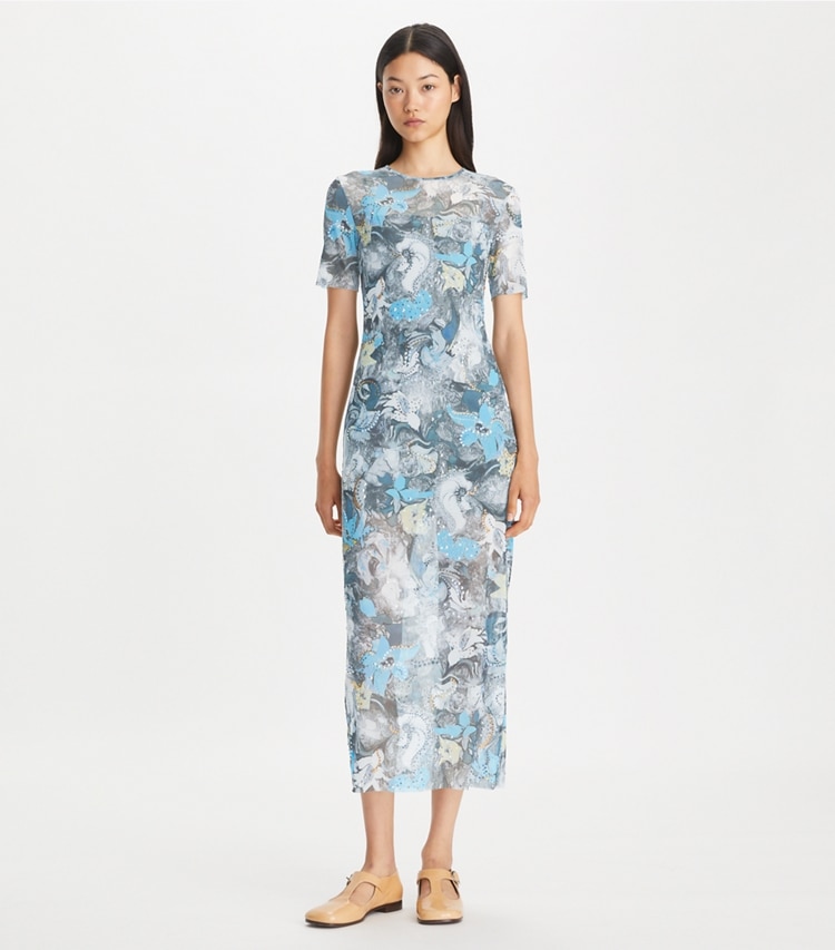 Tory Burch designer dresses Printed Mesh T-Shirt Dress in Blue Abstract Floral on model front