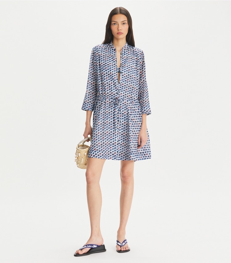Tory Burch designer strandmode Printed Mini Shirtdress in Blue Candy Dots modell von vorn