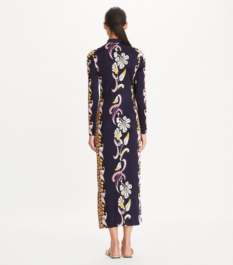 Tory Burch designer dresses Printed Mockneck Jersey Dress in Pink Tropical Border on model back