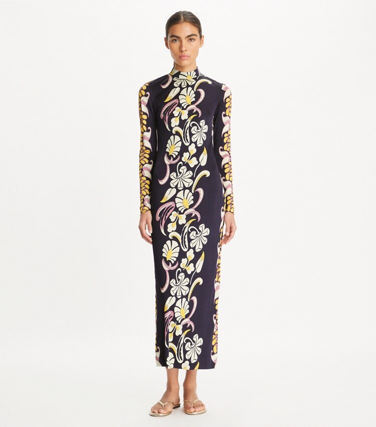 Tory Burch designer dresses Printed Mockneck Jersey Dress in Pink Tropical Border on model front