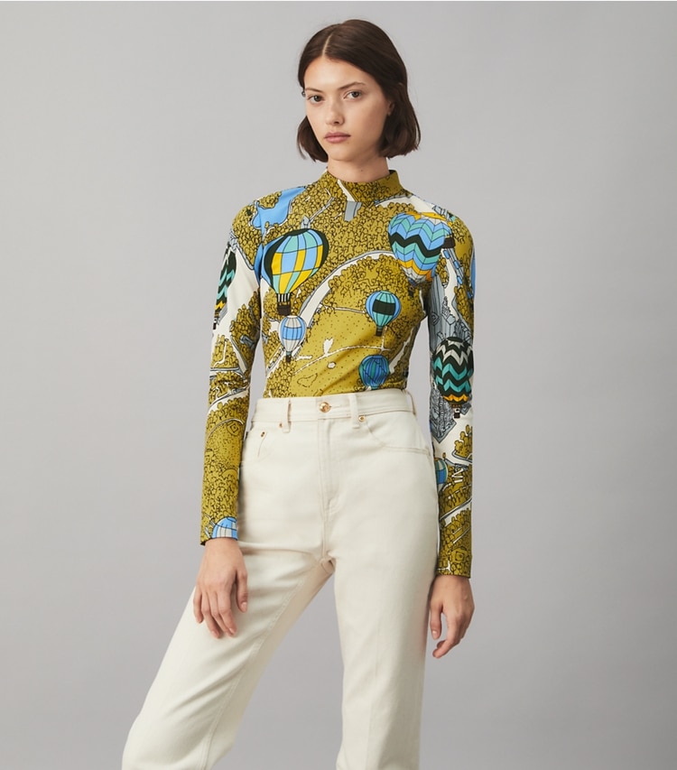Tory Burch designer tops Printed Mockneck Top in BALLOONS IN THE SKY on model detail