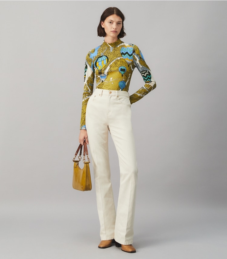 Tory Burch designer tops Printed Mockneck Top in BALLOONS IN THE SKY on model front