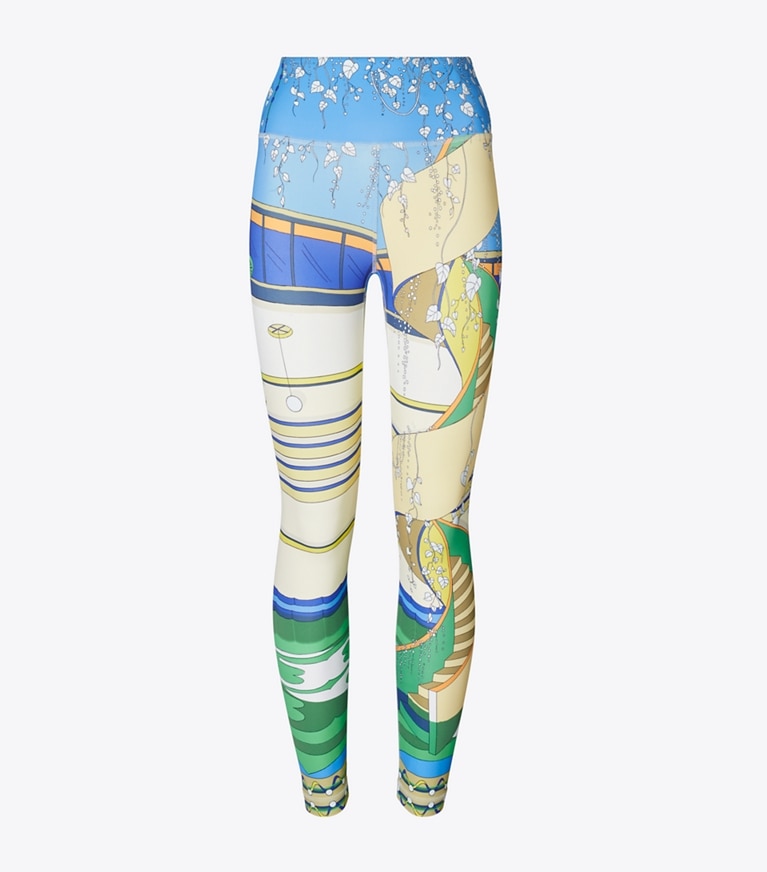 Tory Burch designer bottoms Printed Nylon Legging in Green Pool front