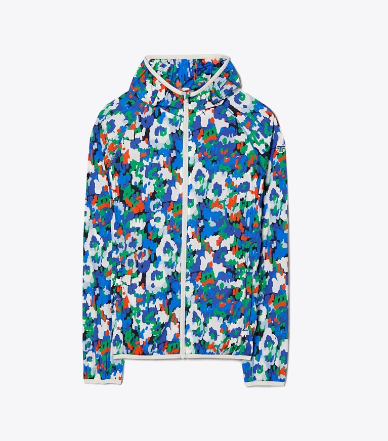 Tory Sport designer jackets Printed Nylon Packable Jacket in Royale Camo Floral front