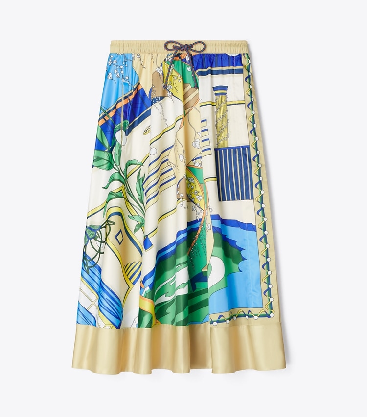 Tory Burch designer bottoms Printed Nylon Satin Skirt in The Pool Blue front