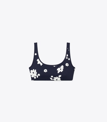 Tory Burch designer sports bras Printed Nylon Scoop-Neck Bra in Medium Navy Contrast Floral front