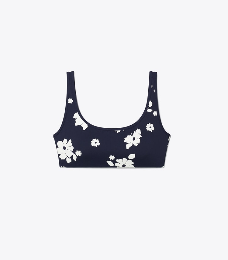 Tory Burch designer sports bras Printed Nylon Scoop-Neck Bra in Medium Navy Contrast Floral front