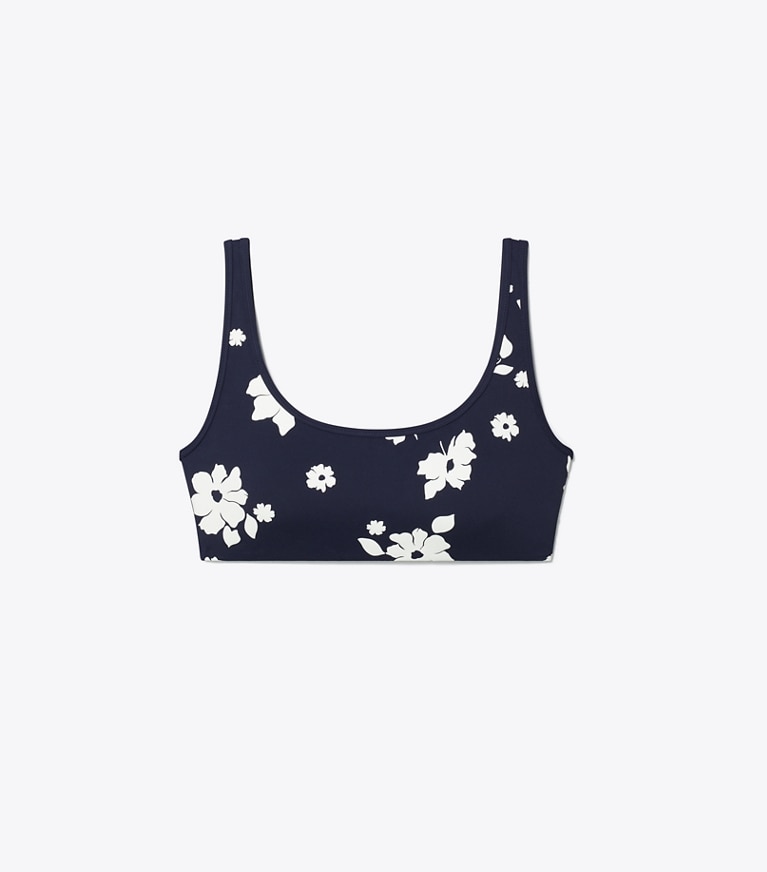 Tory Burch designer sports bras Printed Nylon Scoop-Neck Bra in Medium Navy Contrast Floral front