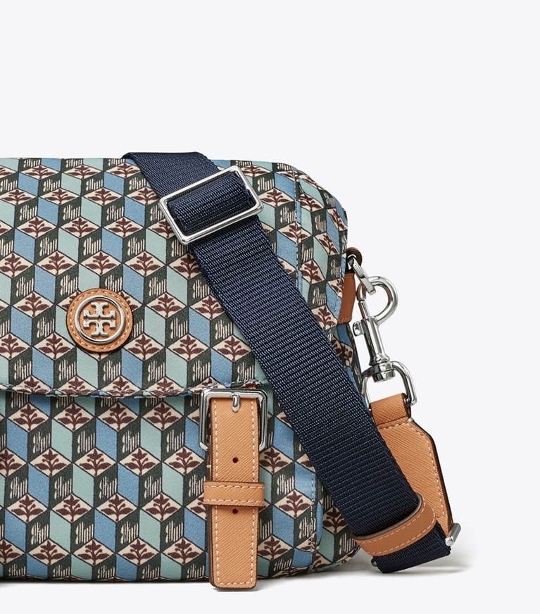 Tory Burch designer crossbody bags Printed Nylon Small Messenger in MISTY BLUE TULIP angle