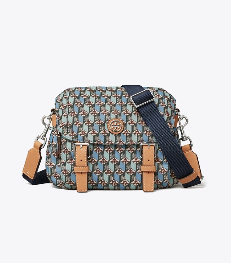 Tory Burch designer crossbody bags Printed Nylon Small Messenger in MISTY BLUE TULIP front