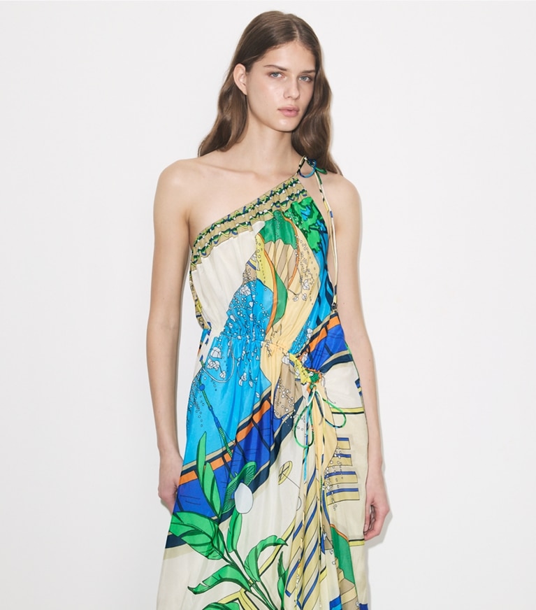 Tory Burch designer coverups Printed One-Shoulder Cotton Dress in Green Pool on model detail