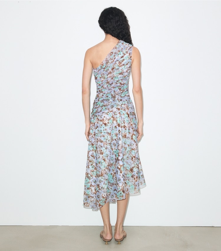 Tory Burch designer dresses Printed One-Shoulder Dress in Blue Floral on model back