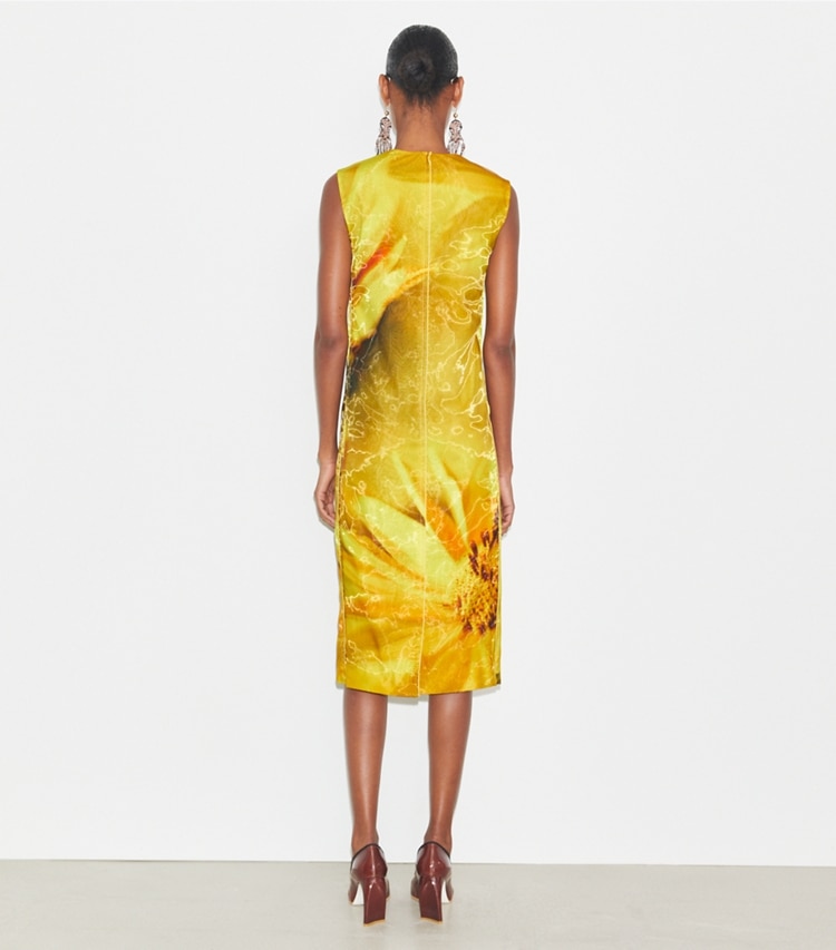 Tory Burch designer dresses Printed Organza Dress in Yellow Bee on model back