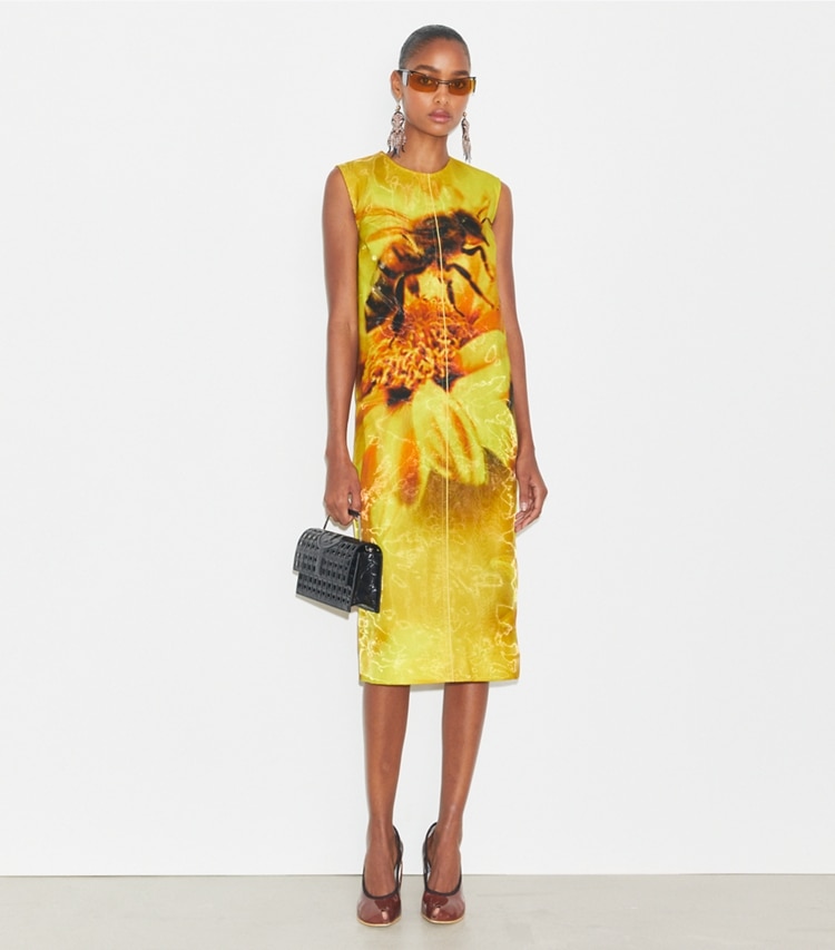 Tory Burch designer dresses Printed Organza Dress in Yellow Bee on model front