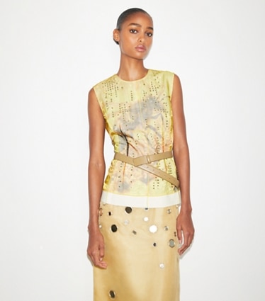Tory Burch designer tops Printed Organza Shell Top in Yellow Bee on model detail